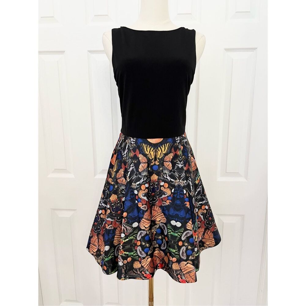 Alice + Olivia Black Bodice with Blue and Orange Butterfly Print Skirt